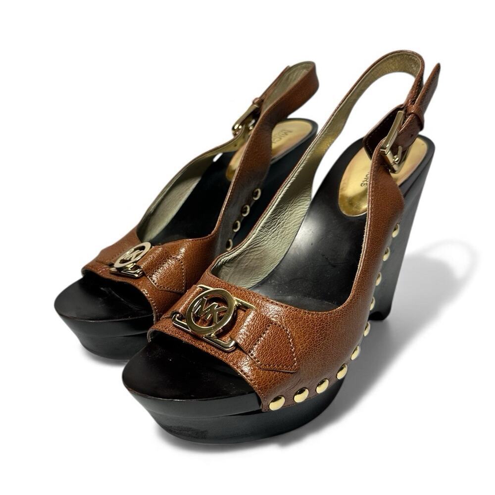 Michael Kors Leather Charm Slingback Open Toe Platform Sandals Brown Gold 8M